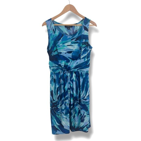 Perceptions Blue Watercolor Floral Ruched‎ Waist Sleeveless Dress Size 14 Summer - Picture 7 of 7